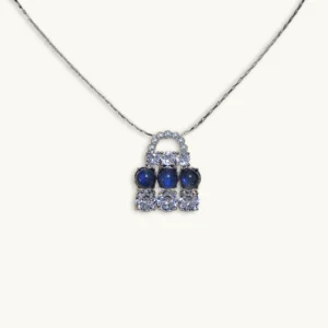 Azure Clutch Blue Moonstone Pendant — natural oval cabochon Blue Moonstones and sparkling accents set in silver-plated copper by Meruisa Crystal