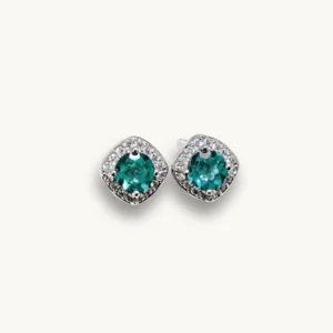 Sterling Silver Blue Topaz Round Stud Earrings with Square CZ Halo by Meruisa Crystal