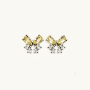 Natural Citrine and Zircon Bow Stud Earrings in 925 Sterling Silver by Meruisa Crystal