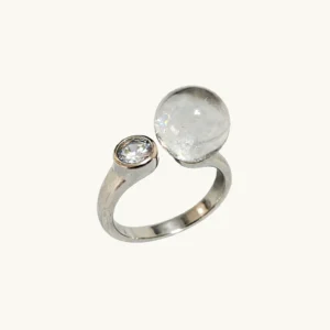 Clear Quartz Energy Amplifier Ring — natural clear quartz sphere ring with CZ accent and silver-plated copper band by Meruisa Crystal