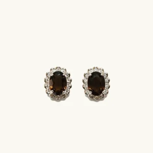 Smoky Quartz Grounding & Clarity Flower Stud Earrings in 925 sterling silver with micro-pave zirconia halo by Meruisa Crystal