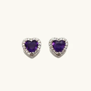 Sterling Silver Amethyst Heart Stud Earrings with Cubic Zirconia Halo by Meruisa Crystal