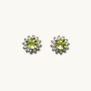 Green Peridot Sunflower Stud Earrings with Zircon Halo in 925 Sterling Silver by Meruisa Crystal