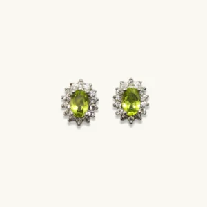 Peridot Serenity & Renewal Stud Earrings in sterling silver with zirconia halo by Meruisa Crystal