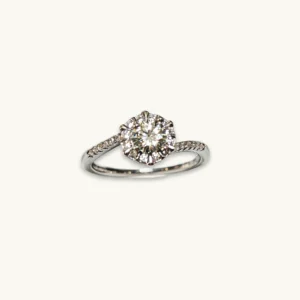Princess Halo Four-Prong Moissanite Ring with full cubic zirconia halo on an adjustable silver-plated copper band by Meruisa Crystal