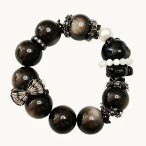 Guardian Light Silver Obsidian Bracelet — 18mm natural Silver Obsidian beads with freshwater pearl, White Mother of Pearl sliding charm, and 20.6mm Silver Obsidian bear by Meruisa Crystal