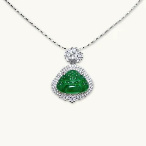 Green Jadeite Inner Peace & Blessing Buddha Pendant in sterling silver with full pavé zirconia halo by Meruisa Crystal