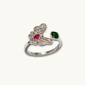 Green Jadeite Renewal & Grace Butterfly Open Ring in sterling silver with pavé butterfly and pink zirconia center by Meruisa Crystal