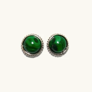 Natural Malachite Healing & Protection Round Stud Earrings in 925 sterling silver with beaded halo by Meruisa Crystal