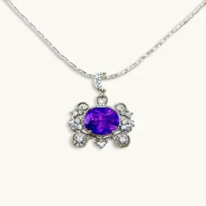 Cinderella's Wish Amethyst Pumpkin Carriage Pendant — natural 17.2mm brilliant‑cut Amethyst set in silver‑plated copper with lace filigree and micro‑pave diamonds by Meruisa Crystal