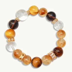 Prosperity & Confidance Bracelet — mixed Golden Citrine, Tiger's Eye, Smoky Quartz, Clear Quartz, and Golden Tiger's Eye beads with diamond-cut spacers and 14.2mm Clear Quartz crown by Meruisa Crystal