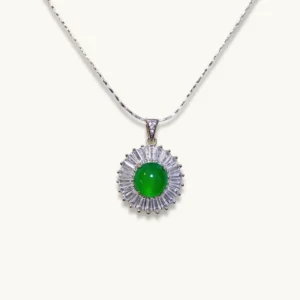 Sunflower Radiance Green Chrysoprasey Pendant — natural green chrysoprasey with Zirconia halo by Meruisa Crystal