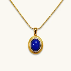 Golden Sands Lapis Lazuli Oval Pendant — gold-plated silver oval pendant with golden sand textured rim, micro-pave diamond halo, and natural lapis lazuli center by Meruisa Crystal