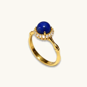 Lapis Lazuli Ring — gold‑plated sterling silver bamboo ring with natural lapis center and micro‑pave diamond halo by Meruisa Crystal