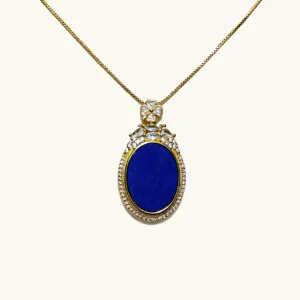 Lapis Lazuli Talisman Pendant — natural oval polished Lapis Lazuli tablet set in gold-plated bezel with micro-pave accents and stone cluster crown by Meruisa Crystal
