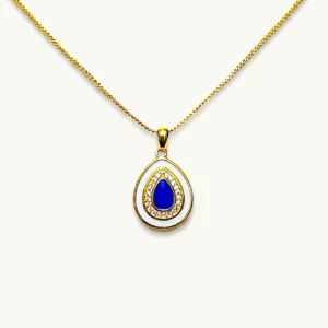 Mystic Tear Lapis Lazuli Waterdrop Pendant — waterdrop-cut natural Lapis Lazuli set in gold-tone frame with diamond halo and white resin outer layer by Meruisa Crystal