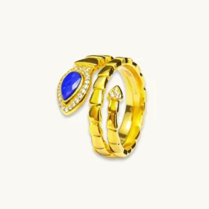 Lapis Lazuli · Intuition & Protection Serpent Ring — waterdrop-cut natural Lapis Lazuli in gold-plated copper serpent setting with pave diamond head and tail accents by Meruisa Crystal