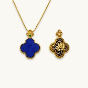 Lapis Lazuli Protection & Awakening Four-Leaf Clover Pendant/Necklace — double-sided natural Lapis with smooth clover front and engraved lotus reverse by Meruisa Crystal Lapis Lazuli · Protection & Awakening Four-Leaf Clover Pendant