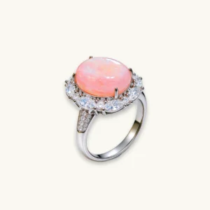 Lepidolite Serenity Crown Ring — 19mm natural blush-toned Lepidolite cabochon set in brilliant-cut diamond halo by Meruisa Crystal