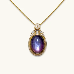 Lepidolite Serenity & Calm Pendant — natural 20.8×29.4mm Lepidolite tablet with mica shimmer set in gold-plated bezel with pave accents by Meruisa Crysta