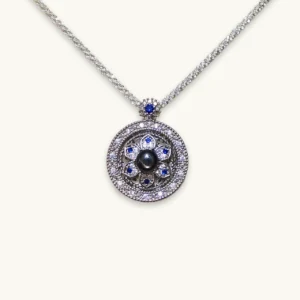 Obsidian · Guidance Compass Pendant/Necklace — compass pendant with natural Black Obsidian center, pave diamond halo, and Sapphire accents by Meruisa Crystal
