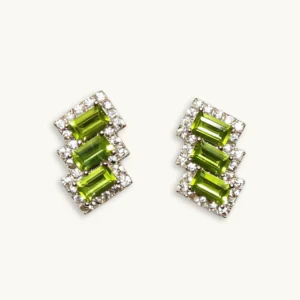 Peridot Stud Earrings — natural baguette-cut Peridot set in sterling silver with pave accents by Meruisa Crystal