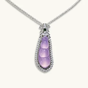 Purple Chalcedony Pea Pendant — natural purple chalcedony pea pod with full zirconia accents on silver setting by Meruisa Crystal