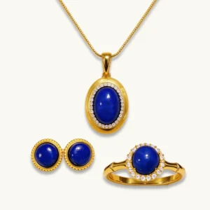 Solar Trilogy Lapis Lazuli Jewelry Set — gold-plated S925 silver ring, oval pendant, and stud earrings with natural lapis by Meruisa Crystal