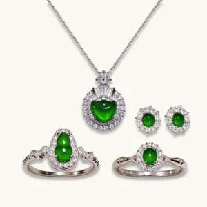 Green Fortune Collection Jadeite Jewelry Set — S925 silver 4-piece set with natural green jadeite and diamonds by Meruisa Crystal