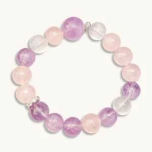 Trio of Light Bracelet — 10.9mm beaded bracelet with natural Milky Quartz, Rose Quartz, and Lavender Amethyst, featuring a 13.1mm Lavender Amethyst crown bead by Meruisa Crystal