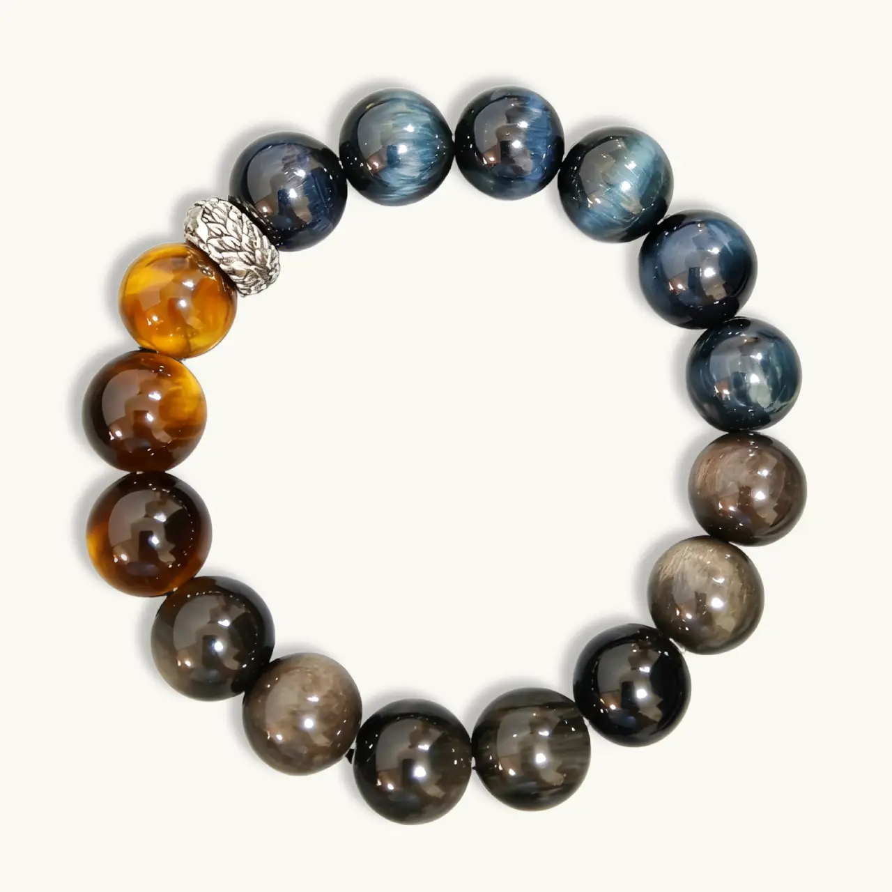 三重守護 · 穩固與洞察手鏈 Blue-Tigers-Eye-Tigers-Eye-Silver-Obsidian-Natural-Crystal-Bracelet-Meruisa-Crystal