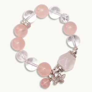 Wild Bloom Bracelet — mixed Rose Quartz rounds, Clear Quartz free‑forms, and White Phantom crown with silver butterfly charm by Meruisa Crystal