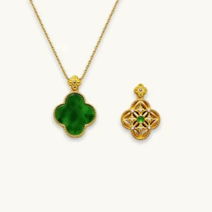Green Jadeite Fortune & Serenity Four-Leaf Clover Reversible Pendant in gold-plated sterling silver with pavé accents by Meruisa Crystal