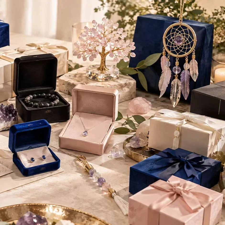 Image of crystal gifts including crystal jewelry and decorations with gift boxes