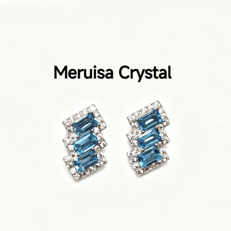 Blue Topaz Clarity Stud Earrings — natural baguette-cut Blue Topaz set in sterling silver with pave accents by Meruisa Crystal