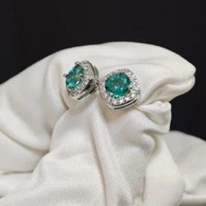 Sterling Silver Blue Topaz Round Stud Earrings with Square CZ Halo by Meruisa Crystal