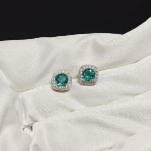 Sterling Silver Blue Topaz Round Stud Earrings with Square CZ Halo by Meruisa Crystal