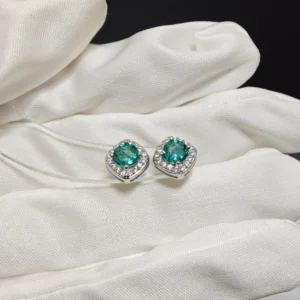 Sterling Silver Blue Topaz Round Stud Earrings with Square CZ Halo by Meruisa Crystal