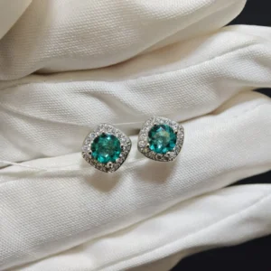 Sterling Silver Blue Topaz Round Stud Earrings with Square CZ Halo by Meruisa Crystal