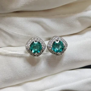 Sterling Silver Blue Topaz Round Stud Earrings with Square CZ Halo by Meruisa Crystal