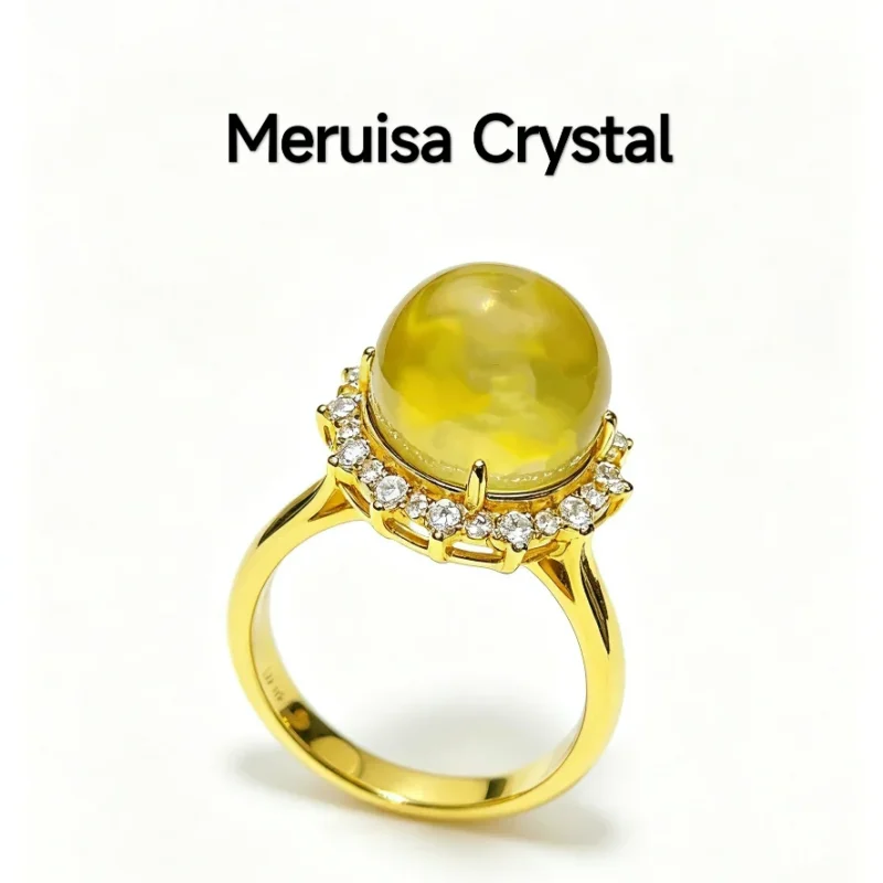 Solar Fortune Citrine Ring — natural 13.1mm Citrine cabochon set in gold-plated sterling silver with sunray accent stones by Meruisa Crystal