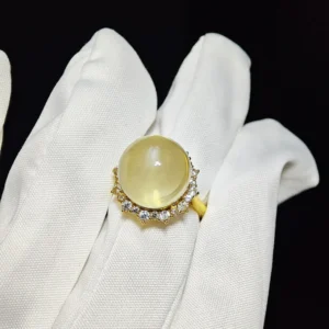 Solar Fortune Citrine Ring — natural 13.1mm Citrine cabochon set in gold-plated sterling silver with sunray accent stones by Meruisa Crystal