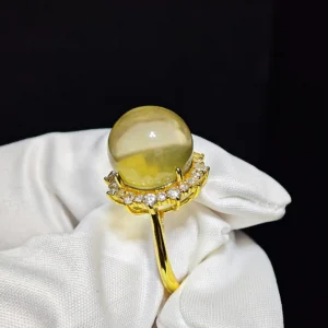 Solar Fortune Citrine Ring — natural 13.1mm Citrine cabochon set in gold-plated sterling silver with sunray accent stones by Meruisa Crystal