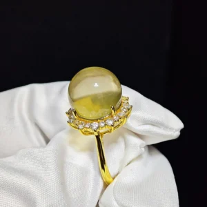 Solar Fortune Citrine Ring — natural 13.1mm Citrine cabochon set in gold-plated sterling silver with sunray accent stones by Meruisa Crystal