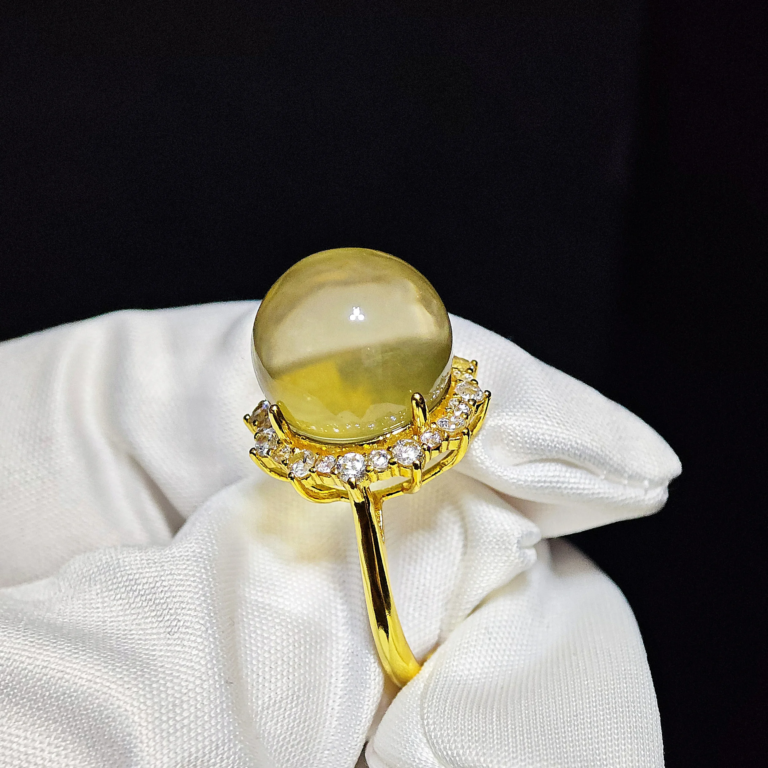 Citrine · Fortune & Abundance Solar Ring Solar Fortune Citrine Ring — natural 13.1mm Citrine cabochon set in gold-plated sterling silver with sunray accent stones by Meruisa Crystal