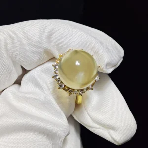 Solar Fortune Citrine Ring — natural 13.1mm Citrine cabochon set in gold-plated sterling silver with sunray accent stones by Meruisa Crystal