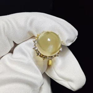 Solar Fortune Citrine Ring — natural 13.1mm Citrine cabochon set in gold-plated sterling silver with sunray accent stones by Meruisa Crystal