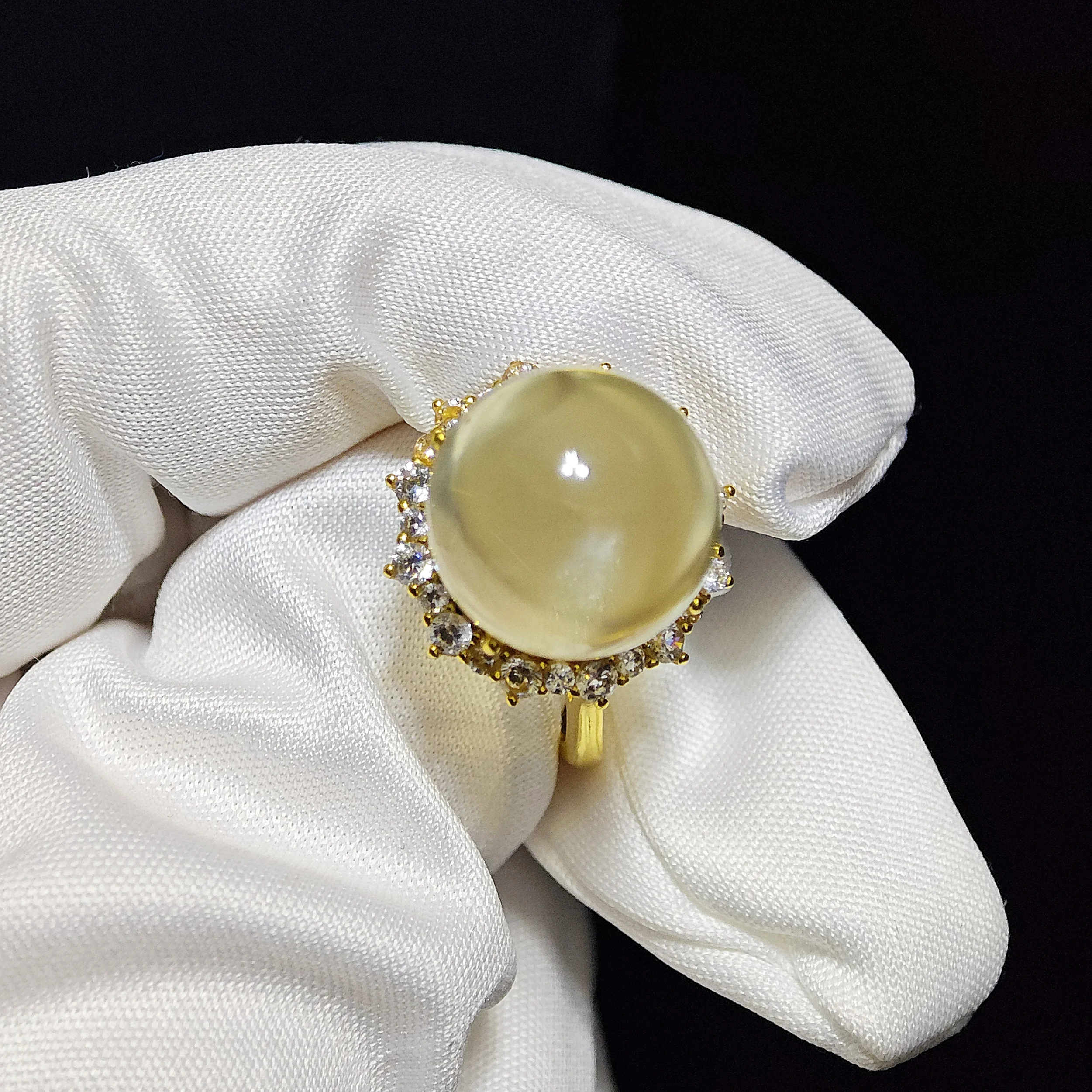 Citrine · Fortune & Abundance Solar Ring Solar Fortune Citrine Ring — natural 13.1mm Citrine cabochon set in gold-plated sterling silver with sunray accent stones by Meruisa Crystal
