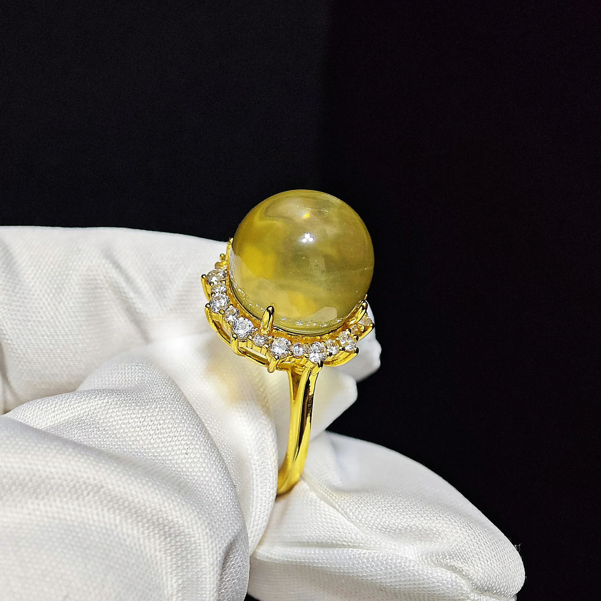 Citrine · Fortune & Abundance Solar Ring Solar Fortune Citrine Ring — natural 13.1mm Citrine cabochon set in gold-plated sterling silver with sunray accent stones by Meruisa Crystal