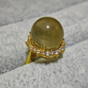 Solar Fortune Citrine Ring — natural 13.1mm Citrine cabochon set in gold-plated sterling silver with sunray accent stones by Meruisa Crystal